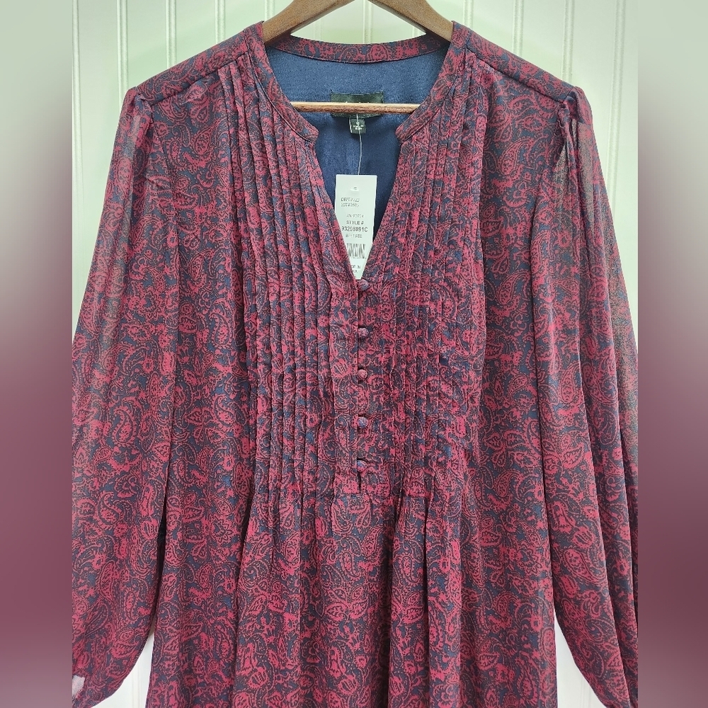 MSK Long Sleeve Paisley Dress - Red and Blue Pleated Neckline Size 16 NWT - Picture 3 of 11